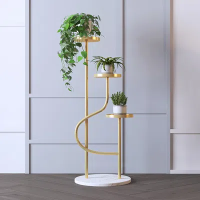 Homary 42.5" Tall Metal Plant Stand 3 Tier Modern Corner Ladder Planter In Gold In White