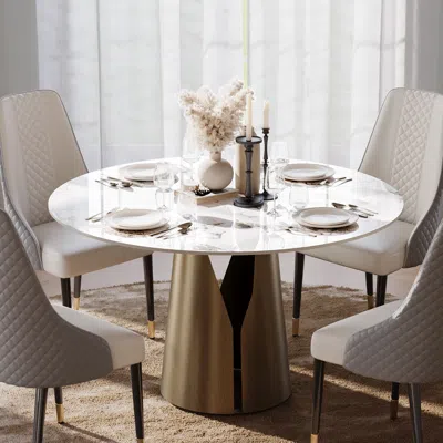 Homary 47" Faux Marble Round Dining Table With Carbon Steel Base For 4 People In White