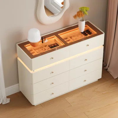Homary 47" Glass Top Walk-in Closet Island 8-drawer Dresser With Light In White