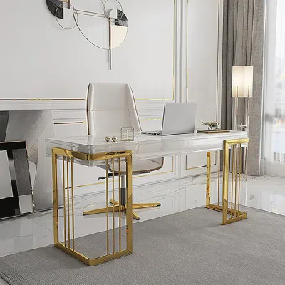 Homary 47" Glossy White Wooden Writing Desk Modern Desk Computer Desk With Drawers In Gold Base