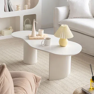 Homary 47" Japandi Funky Wood Coffee Table Abstract Cloud Shaped In White