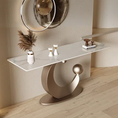 Homary 47" Modern Narrow Console Table White Sintered Stone Top Entryway Table With Half-moon Carbon Steel  In Multi