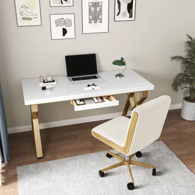 Homary 47" Modern Rectangular White Writing Desk With Gold Metal Base Wooden Home Office Desk With Drawer