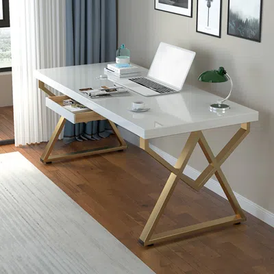 Homary 47" Modern Rectangular White Writing Desk With Gold Metal Base Wooden Home Office Desk With Drawer