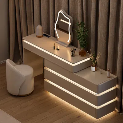 Homary 47" Smart Makeup Vanity Set Retractable  Dressing Table With Mirror & Lights In Brown