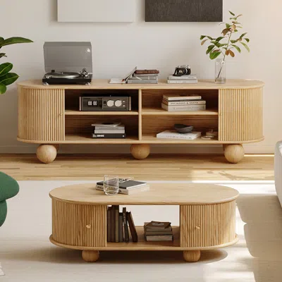 Homary 47" Tambour Door Solid Wood Coffee Table With Storage Oval Natural Living Room Table Ash Solid Wood  In Brown