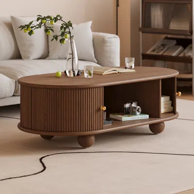 Homary 47" Tambour Door Solid Wood Coffee Table With Storage Oval Walnut Living Room Table In Brown