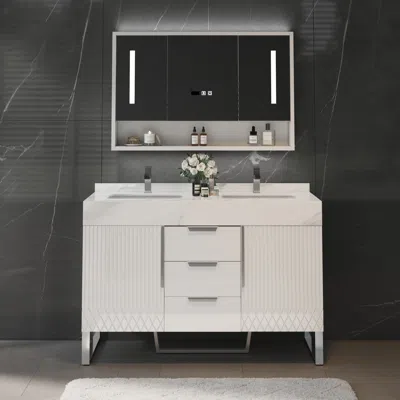Homary 47.2" Bathroom Vanity Freestanding Cultured Marble Top With Double Sink Drawers & Doors White