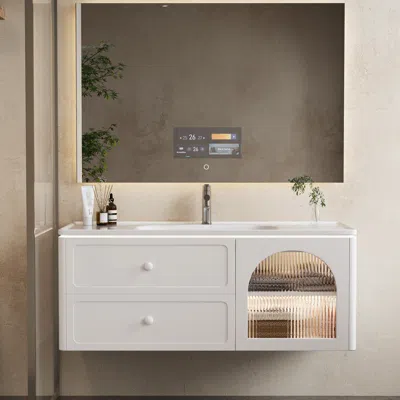 Homary 47.2" Modern Floating Led Bathroom Vanity With Ribbed Glass Door & Drawers In White