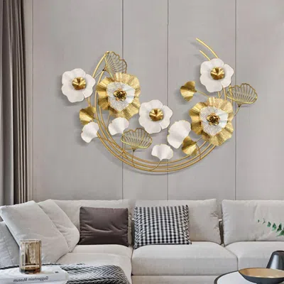 Homary 47.2" Modern Metal Wall Decor Art With Gold & White Leaves & Flowers For Living Room In Brown