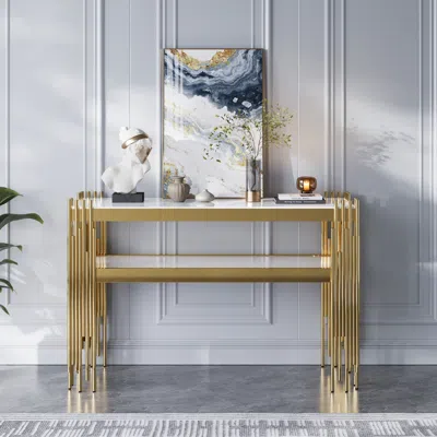 Homary 47.2" Modern White Faux Marble Narrow Console Table With Storage Shelf And 4 Gold Legs