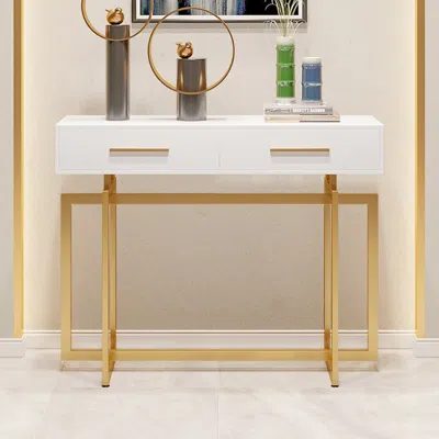 Homary 47.2" Narrow Console Table With Storage Drawers White Entryway Table With Metal Legs