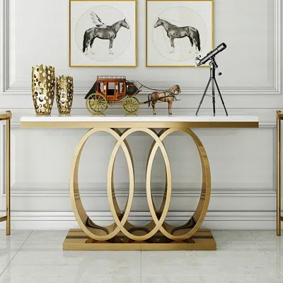 Homary 47.2" Narrow Modern White Console Table With Faux Marble Top & Stainless Steel Base In Gold