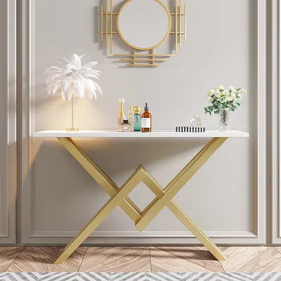 Homary 47.2" Narrow Rectangle White Console Table With Wooden Top And Gold Metal Base