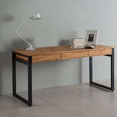 Homary 47.2" Rustic Wooden Natural & Black Office Desk With Drawers & Metal Legs In Brown