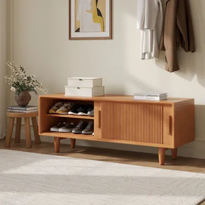 Homary 47.2" Solid Rubberwood Natural Entryway Bench With Storage In Brown