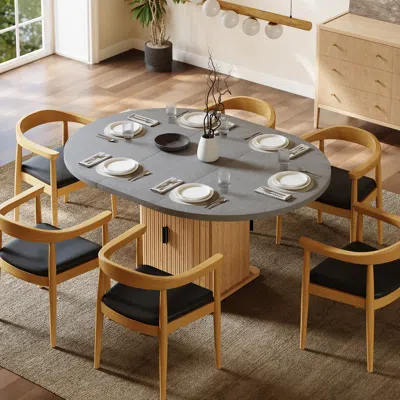 Homary 47"-63" Gray Extendable Dining Table With Fluted Base And Storage In Multi