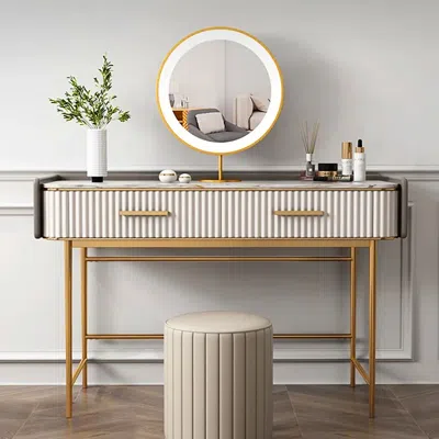Homary 48" Modern Off White Makeup Vanity Stone Top 2-drawer Dressing Table