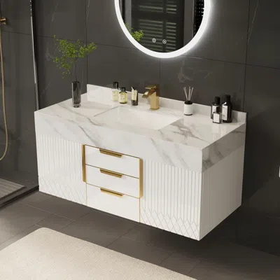 Homary 48" Wall-mounted Bathroom Vanity With Sintered Stone Top And Expanded Storage In White