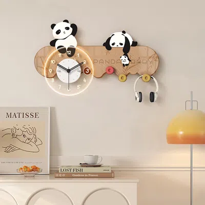 Homary 4-hook Wall Mounted Decorative Panda Coat Rack With 9.8'' Led Acrylic Clock In Brown