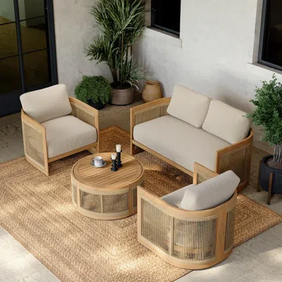 Homary 4pcs Teak Outdoor Sofa Set Boho Yard & Patio Furniture For 4 Person In Beige & Brown Cushion & Pillo