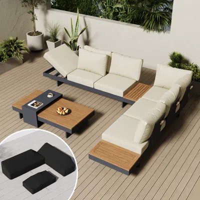 Homary 4-piece Modular Outdoor Sofa Set For 6 With Teak Table & Beige Cushions, Includes Protective Covers In Multi