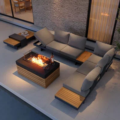 Homary 5 Pcs L Shaped Outdoor Sectional Sofa Set With Smokeless Propane Fire Pit Table Yard & Patio Furnitu In Gray