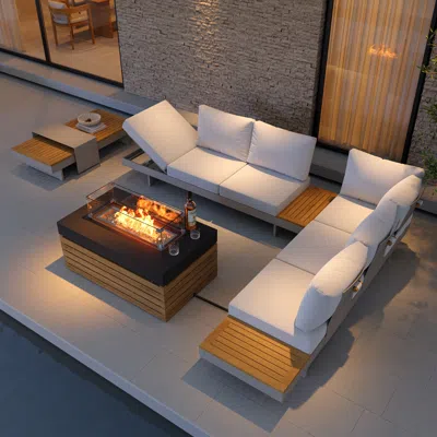 Homary 5 Pcs L Shaped Outdoor Sectional Sofa Set With Smokeless Propane Fire Pit Table Yard & Patio Furnitu In White