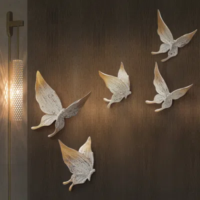 Homary 5 Pieces Farmhouse 3d White & Gold Resin Butterfly Wall Decor Set Living Room Bedroom