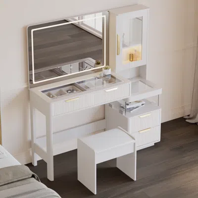 Homary 50" Fluted Makeup Vanity Set With Charger & Led Mirror In White