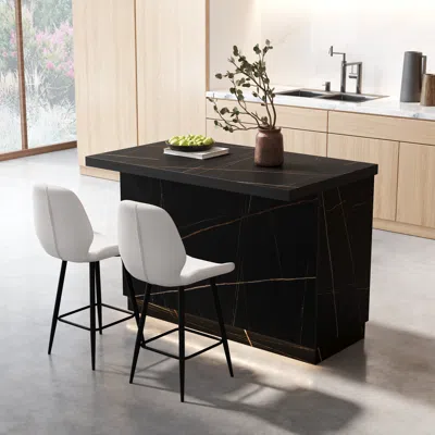 Homary 50" Kitchen Lsland Wood With Storage & Led Light Black Japandi Style Kitchen Cabinet In White