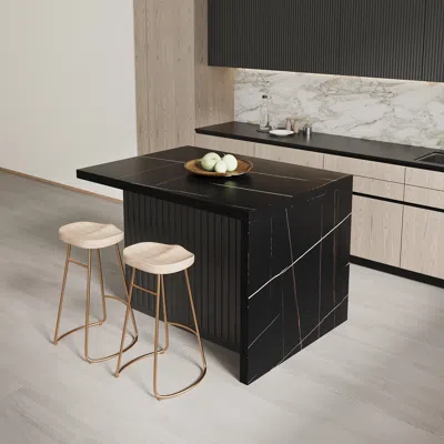 Homary 50" Large Kitchen Island Marble Veneered Top With Storage Black Kitchen Cabinet