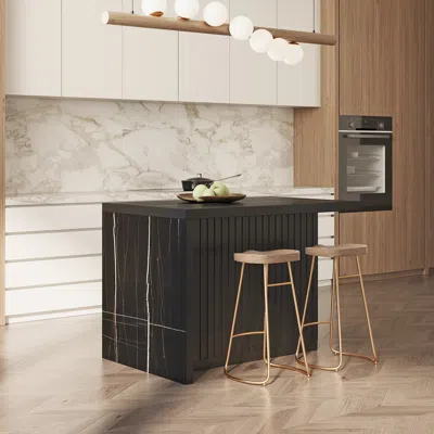 Homary 50" Large Kitchen Island Marble Veneered Top With Storage Black Kitchen Cabinet