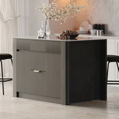 Homary 51" Kitchen Island Sintered Stone Top With Storage Black Modern In Gray