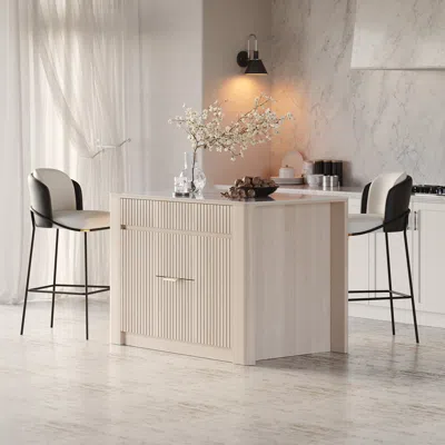 Homary 51" Kitchen Island Sintered Stone Top With Storage Natural Modern In White