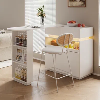 Homary 51" Modern Matte White Kitchen Island With Extendable Table & Led Light