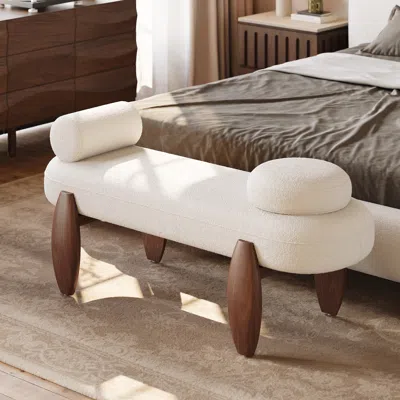 Homary 53" Modern Boucle Bedroom Bench With Rubber Wood Legs In White