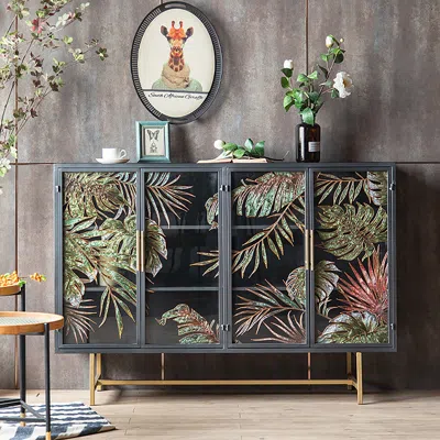 Homary 53" Modern Painted Sideboard Buffet With Glass Doors And Shelves In Black