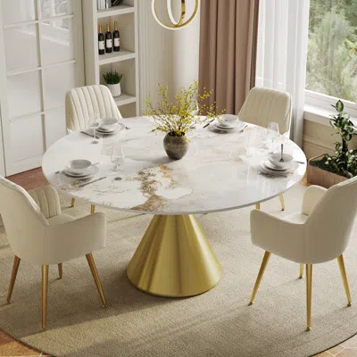 Homary 53" Pandora Faux Marble Round Dining Table With Glossy Gold Base For 4-6 People In White