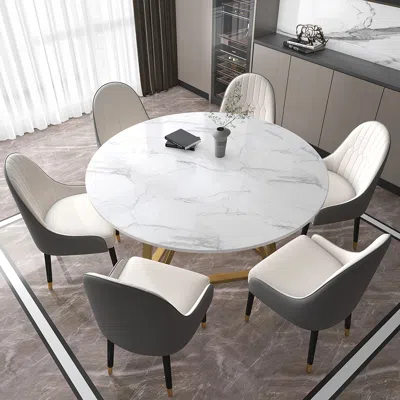 Homary 53" White Modern Round Faux Marble Dining Table With Stainless Steel Base In Gray