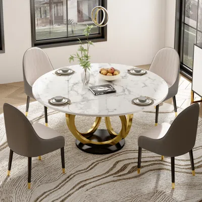 Homary 53.1" Round Dining Table Faux Marble Top Gold & Black Pedestal For 6 Person Modern White In Brown