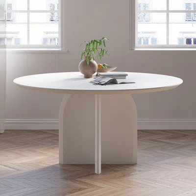 Homary 53.1" Round Dining Table Solid Wood For 6 Modern White Dining Room Table In Neutral