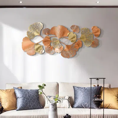 Homary 53.9" Farmhouse Gold Ginkgo Leaves Wall Decor For Living Room Bedroom Metal Wall Art In Multi