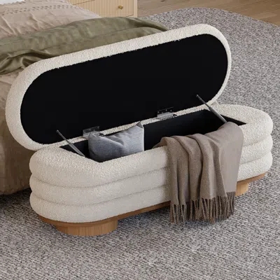 Homary 53"w Modern White Bedroom Storage Bench Boucle Upholstery With Wood Legs In Neutral