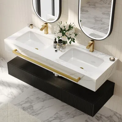Homary 55" Double Sink Bathroom Vanity With Sintered Stone Countertop & Gold Towel Bar In White