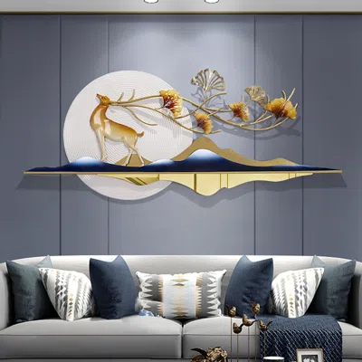 Homary 55" Modern Metal Wall Decor With Hollow-out Ginkgo Leaves & Deer For Living Room In Multi