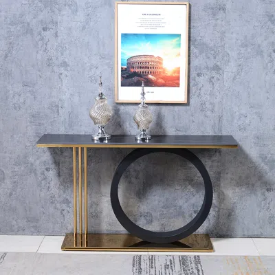 Homary 55" Post Modern Black Geometry Console Table Sintered Stone Top Stainless Steel Frame In Blue