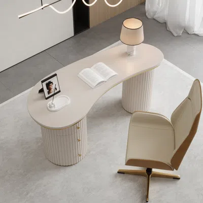 Homary 55.1" Modern Off-white Curved Desk 3-drawer Wooden Home Office Desk Double Pedestal