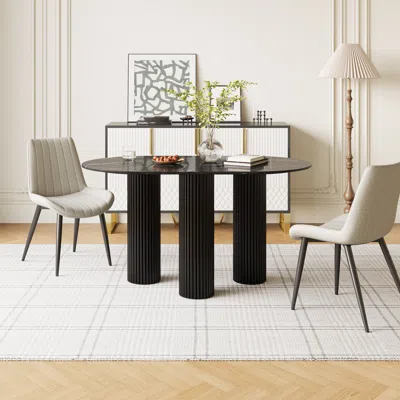 Homary 55.1" Modern Oval Sintered Stone Top Dining Table 3 Legs In White In Multi