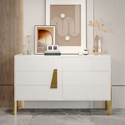 Homary 55"w Modern White 6 Drawer Dresser Fluted Chest Storage Cabinet